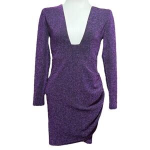 Long Sleeve Open Back Mini Dress Black Purple Sparkle Large